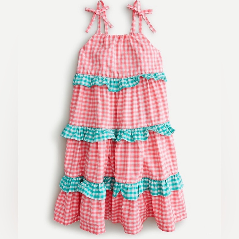 Crewcuts | EUC - Ruffle Gingham Tiered Dress - Coral/Aqua - Size 4
